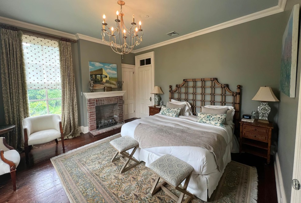 Sage Room, Rob White North Fork paintings, king bed-